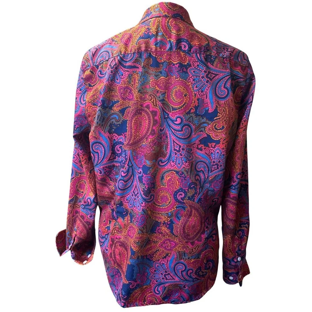 Vintage Paisley Button-Up Shirt With Vibrant Pink & Blue Design Long Sleeves Col - Picture 4 of 7
